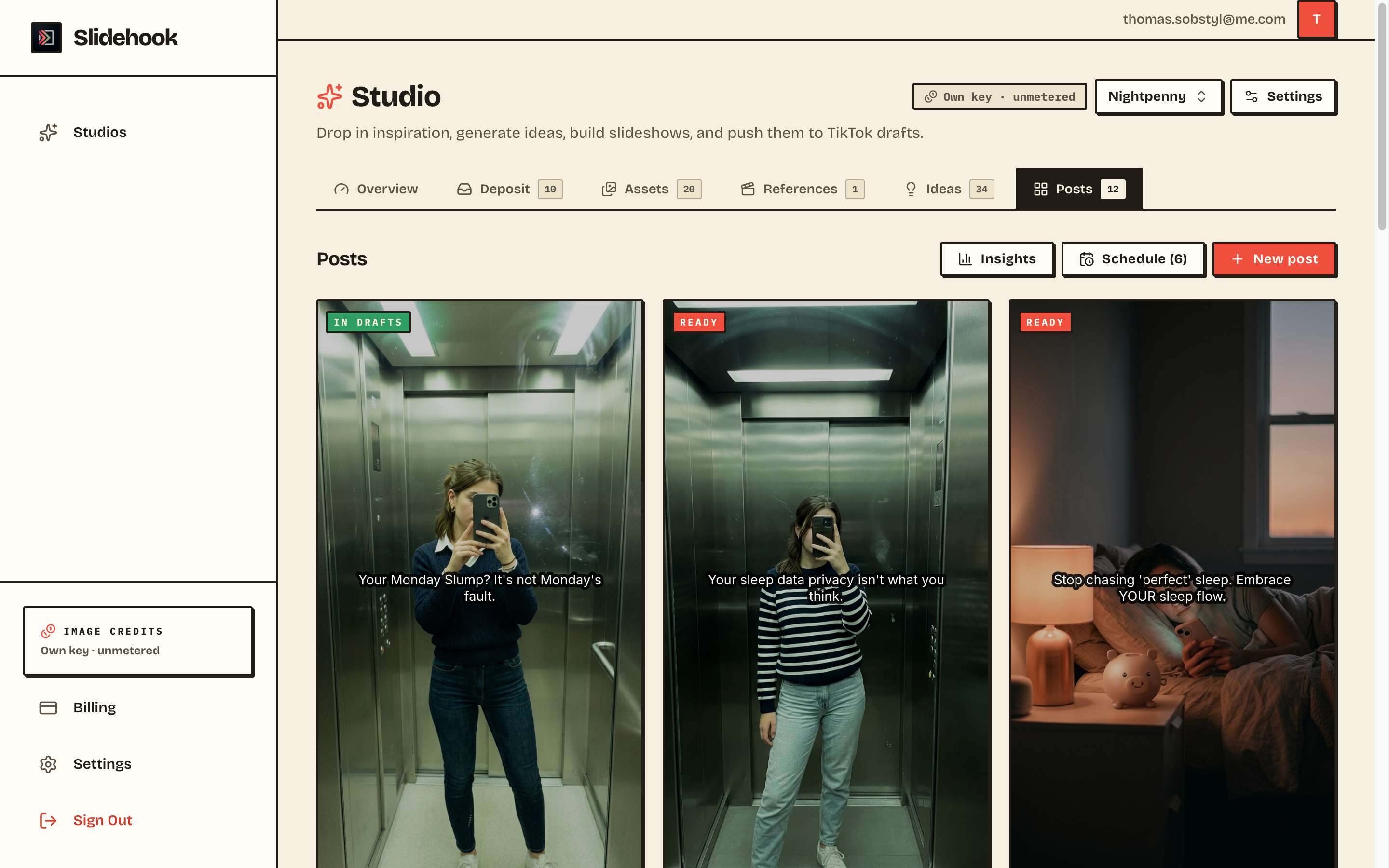 A studio in Slidehook, the queue of upcoming posts