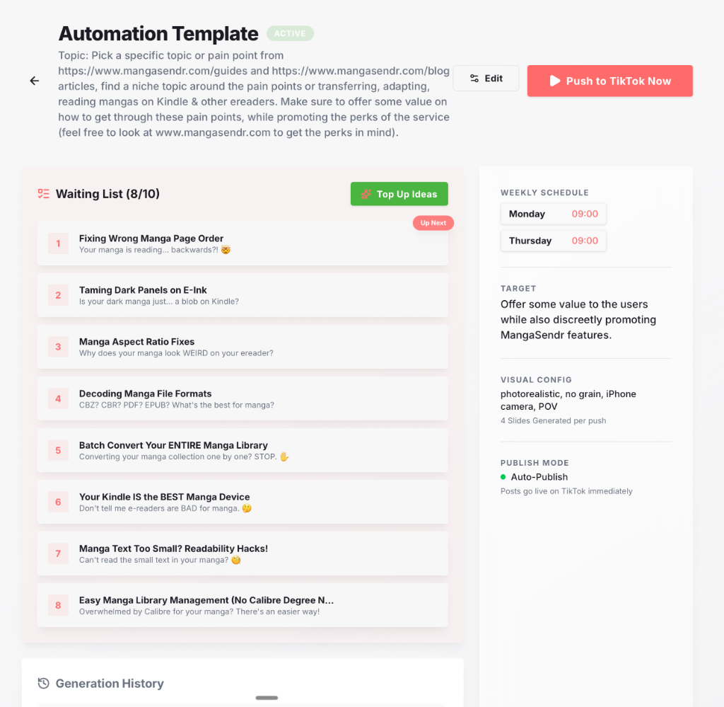 Slidehook Dashboard — Campaign detail view with AI-generated content queue